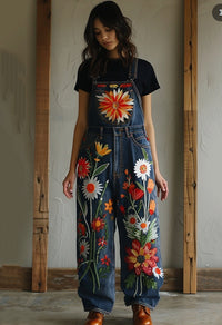 Retro Botanical Floral Art Print Denim Jumpsuit