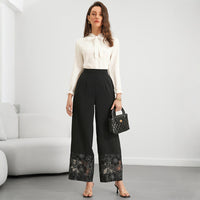 Solid-color Sheer Lace-panel Straight-leg Pants For Women