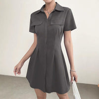Mid-length Designer-style Pleated Waist-cinched Shirt Dress With A Lapel Collar