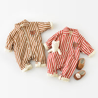 Bear Striped Lapel Thickened Long Crawl Jumpsuit