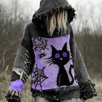 Drop-Shoulder Vintage Womens Printed Loose Hooded Top
