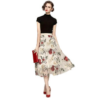 Women's Vintage High-waisted Embroidered Peony Midi Skirt