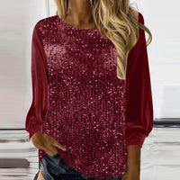 European And American Women's Clothing Casual Round Neck Long Sleeve Pullover Loose Sequins Top