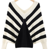 Plus Size Stripe Contrast Color V-neck Long-sleeve Knitwear