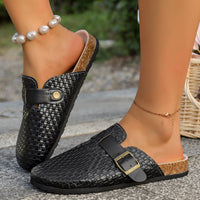 Womens Cork-toe Patterned Leather Belt Buckle Half-slipper