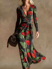 3D Geometric Line Pattern V-Neck Long-Sleeve Womens Dress