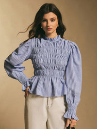 Ruffle-trimmed Versatile Striped Puff-sleeve Slim-fit Blouse