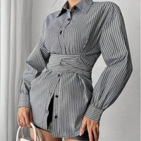 Womens Fashion Irregular-Waist Belt Long-Sleeve Shirt