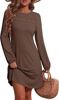 Long-sleeve A-line Solid-color Lace Loose Dress