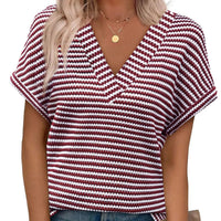 Summer V Neck Striped Loose Short Sleeve