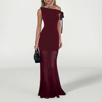 Unique Elegant Off-shoulder Mesh Dress With Flowing Ribbons