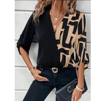 New European And American-style Casual Black V-neck Patchwork Fashion Shirt
