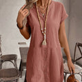 Color Cotton-linen V-neck Button-up Loose Casual Dress