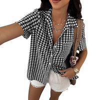 Womens Retro Loose Plaid Lapel Short-Sleeve Shirt