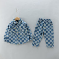 Plaid Double Pocket Lapel Long-sleeved Trousers Overalls Children's Suit