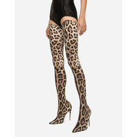 Pointed-toe High-heeled Leopard-print Ultra-long Knee-high Stretch Boots