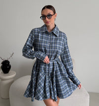 Autumn Retro Hong Kong Style Lapel Slimming Plaid Shirt With Puffy Skirt