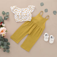 Girls' Floral Sleeveless Top Solid Color Suspenders Two-piece Suit