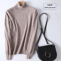 Pure Wool Sweater Women's Turtleneck Pullover Solid Color Loose Short