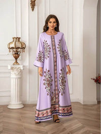 Elegant Floral Print Long Sleeve Abaya Dress