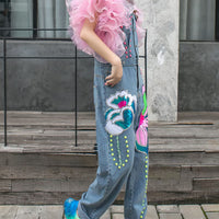 Sequin Flower Rhinestone With Mesh Flying Sleeve Denim Jumpsuit