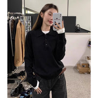 Korean-Style Youthful Embroidered Polo-Neck Knit Top