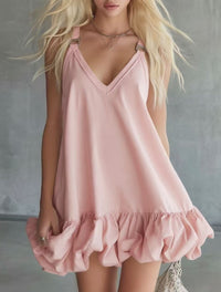 Womens Solid Color V-Neck Ruffled Mini Skirt