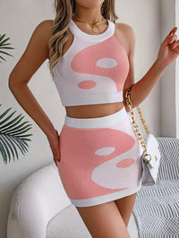 Contrast Color Midriff-baring Top Hip Skirt Suit Women's Clothing