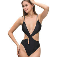 Women's Double Shoulder Strap Black One Piece Swimsuit