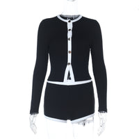Womens Crew-neck Long-sleeve Single-breasted Top And Shorts Set