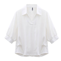 Idle Style Lapel White Shirt Casual V-neck Loose Lantern Sleeve