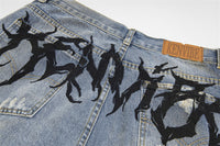 Punk Make Old Ripped Letter Denim Trousers Men