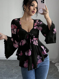 European And American Design Sense French Sweet Flower Blooming Lace-up Square Collar Long Sleeve Shirt