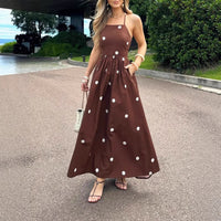 Elegant Polka-Dot Backless Slip Dress With Pockets