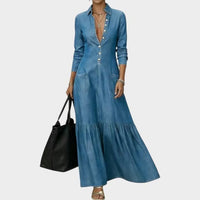 Street-style Vintage-collar Chic Denim High-end And Fashionable Fitted-waist Maxi Dress