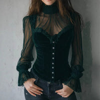 Mesh-panel Black Lace Top With Hollow-out Floral Trim