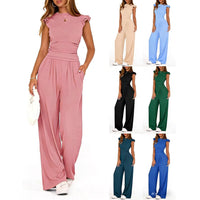 Womens Solid-Colored Summer Two-Piece Set Ruffled Hem Wide-Leg Pants Casual Fashion Outfit
