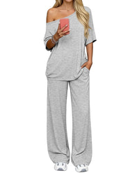 Off-shoulder Loose Casual Short-sleeve Top And Wide-leg Pants Two-piece Set