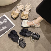 Summer Bow-Knot Pearl Low-to-Mid-Heel Leather Shoes