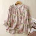 Sweet Doll Shirt With A Round Neck Three-quarter Sleeves And A Delicate Peony Floral Print On Ramie Fabric