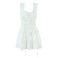 White Puff-Shoulder Ruffle-trimmed Sweet Vest Dress With Drawstring Waist And Pleats