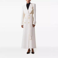 Elegant Double Breasted Lace Up Slim Fit Extended Women's White Back Slit Overcoat Coat