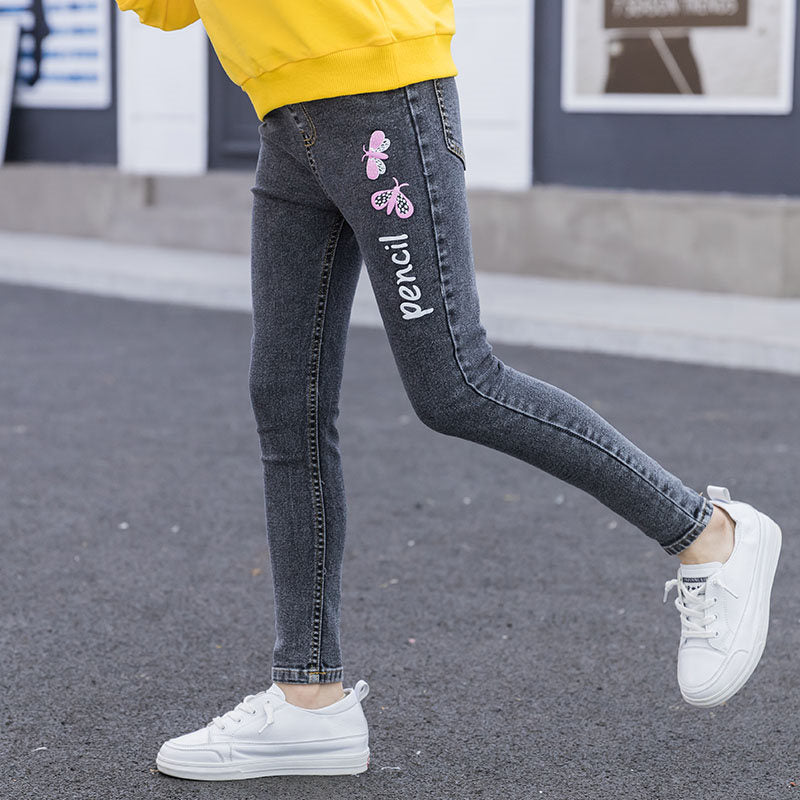 Autumn Butterfly Letter Jeans Slim Fit Stretch Casual Pants Children's Pants