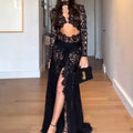 Fashionable Lace Hollow-Out High-Slit Slim-Fit Long-Sleeve Dress For Women