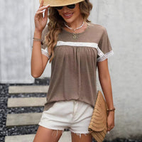 Crew-neck Lace-panel Short Sleeves