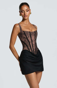 Lace-Panel Pleated Slip Dress With Floral Strap And Defined Waistline