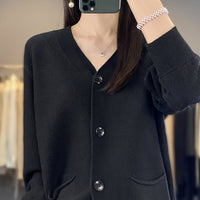V-neck Solid Color Double Pocket Buckle 100 Cotton Thread Long Sleeve Lazy And Loose Casual Spring Knitted Cardigan For Women