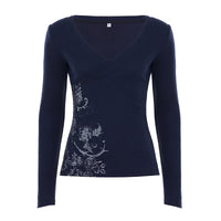 Retro Floral-print Ribbed V-neck Slimming Casual Long-sleeve Top