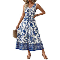 Retro Resort-style Long Dress V-neck Sleeveless One-piece Dress