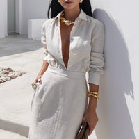 Elegant Crew-neck Long-sleeve Shirt And High-waisted Figure-flattering Skirt Two-piece Set